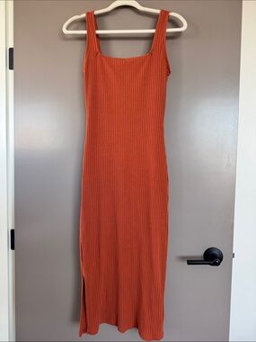 Wild Fable Midi Ribbed Fall Dress Modern Square Cut Burnt Orange Small